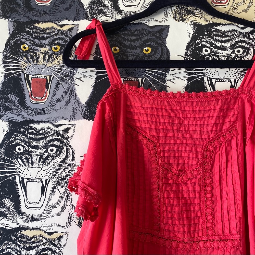 Johnny Was Bright Red Embroidered Cold-Shoulder Blouse